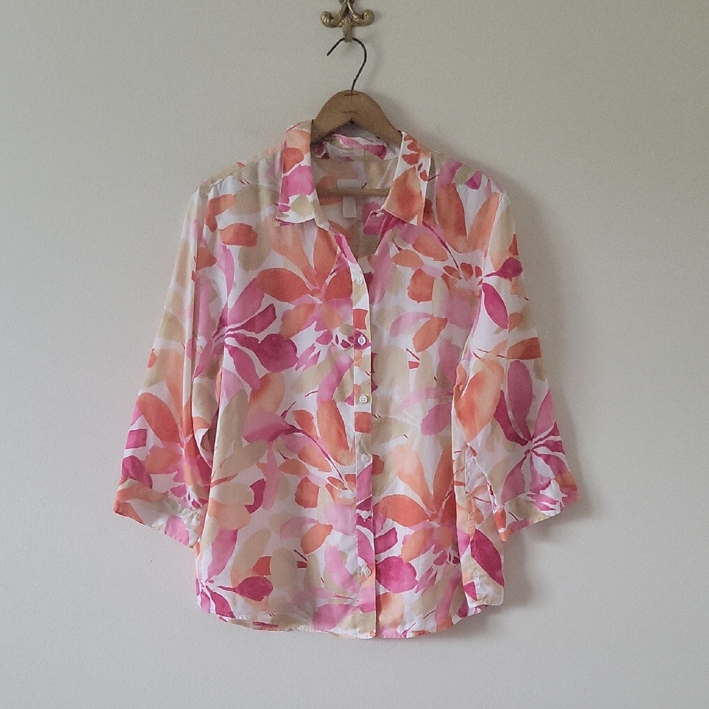 Chico's Linen Floral Bliss Sina 3/4 Sleeve Button Down Size XL
